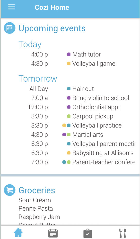 Mobile view of Cozi family organizer app including timed events throughout the day across multiple family members.