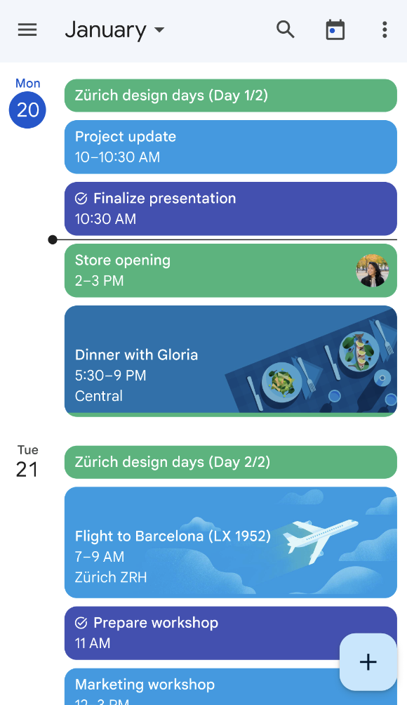 Mobile view of Google calendar app including blocks of events throughout the day