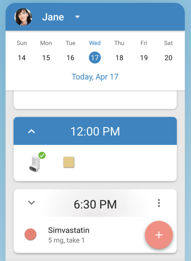 Mobile view of Medisafe medication reminder app including timed reminders for doses